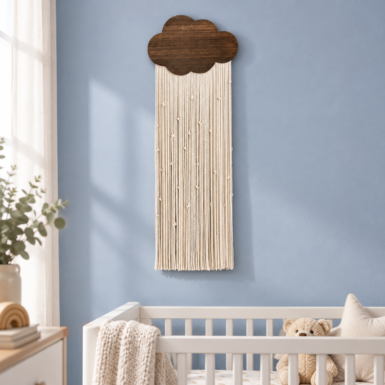 Nursery beside a white cot, rain cord in 4 colors, dark stained wood cloud panel, twisted cord with knotted detail
