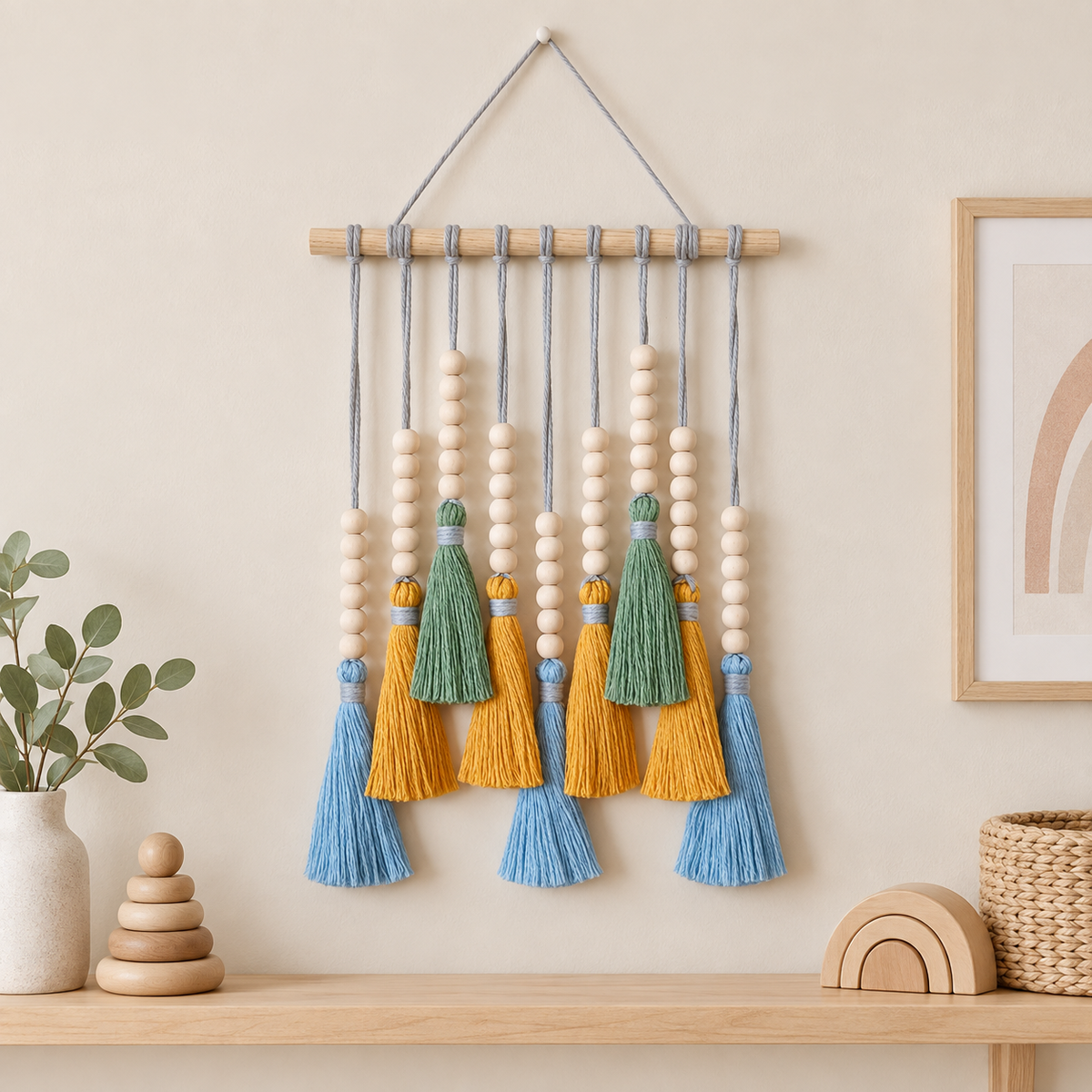 Nursery wall above a shelf with wooden toys, small beaded tassel row on a dowel