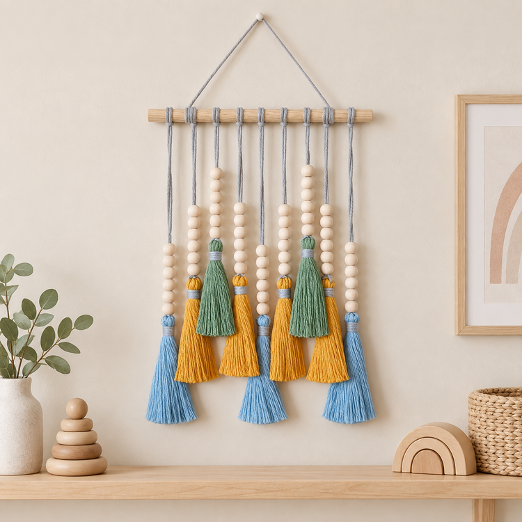 Nursery wall above a shelf with wooden toys, small beaded tassel row on a dowel