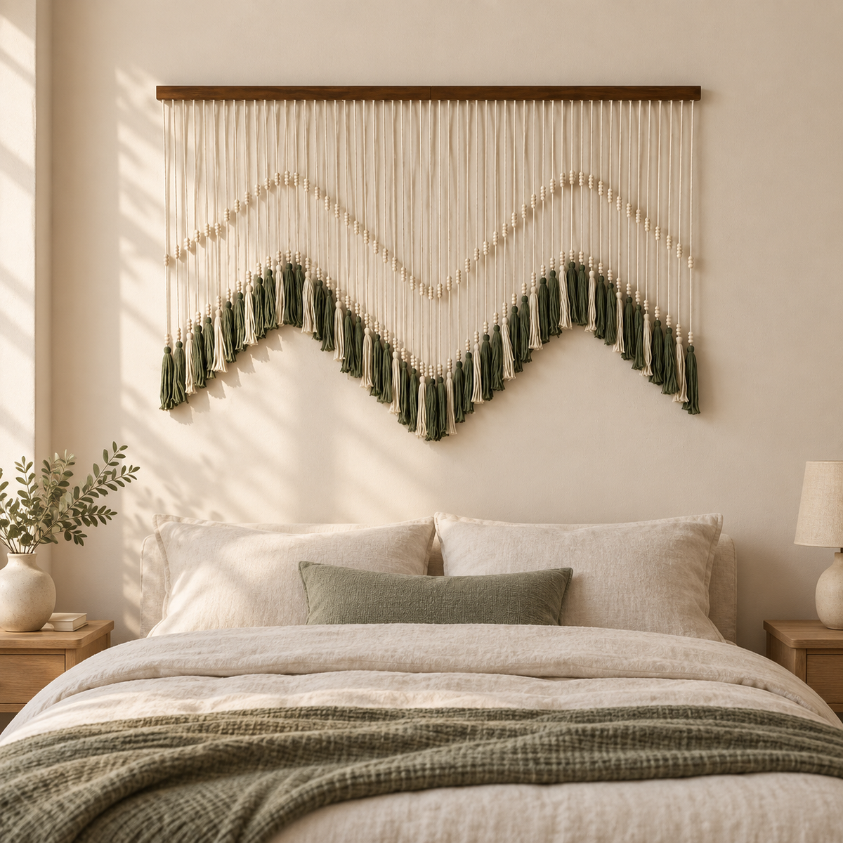 Quiet bedroom above a bed, beaded zigzag tassel panel, m or n wave