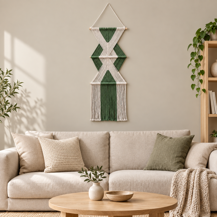 Small macrame wall hanging centered above a cream three seat sofa in daylight
