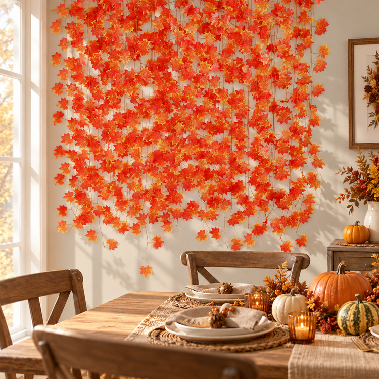 Maple leaf garland curtain behind a Thanksgiving table set with pumpkins