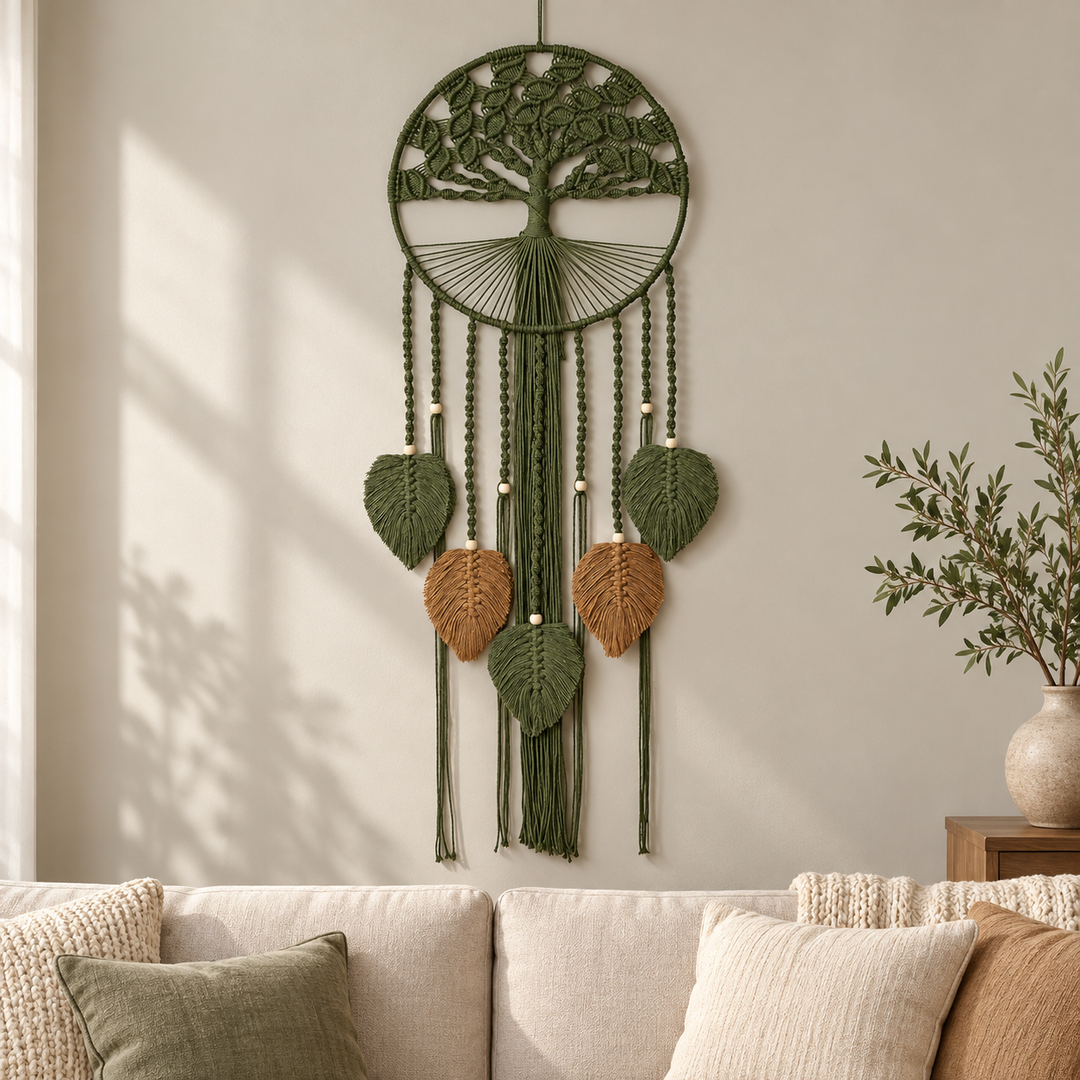 Room composite, hung on a living room wall above a sofa, hoop with leaves, 110 cm drop
