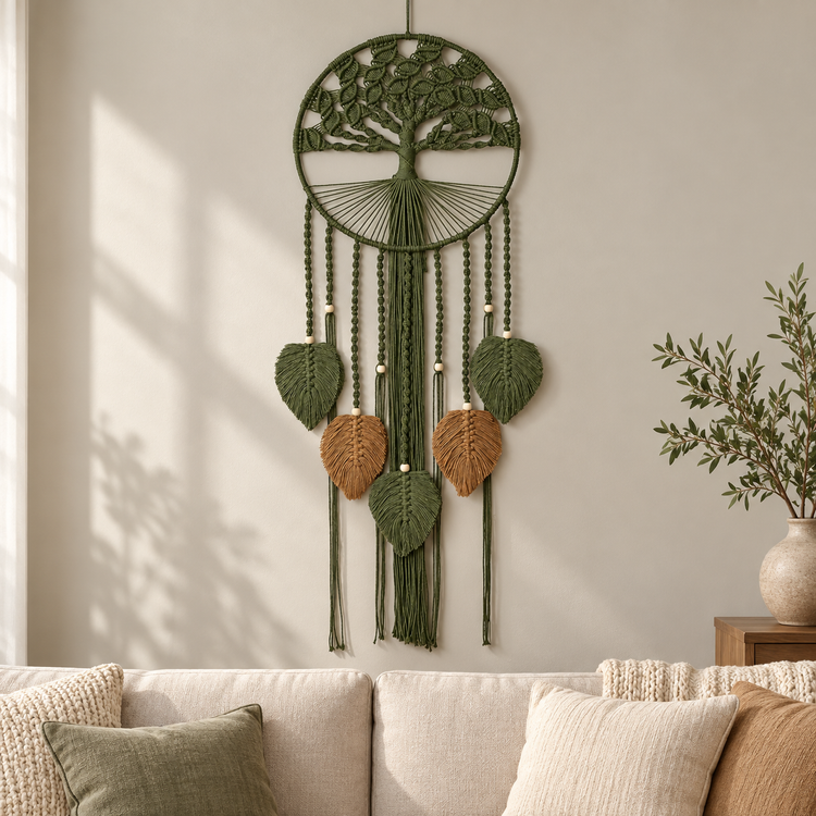 Room composite, hung on a living room wall above a sofa, hoop with leaves, 110 cm drop