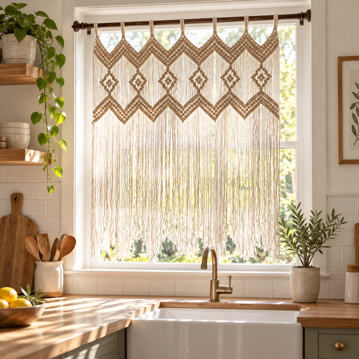 Kitchen window above a farmhouse sink, macrame window panel in 2 sizes