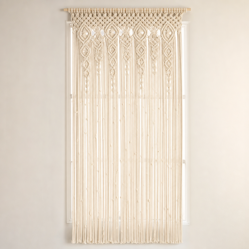 Macrame Door Curtain, 90 x 180 cm or 100 x 200 cm hung across a window with daylight behind it