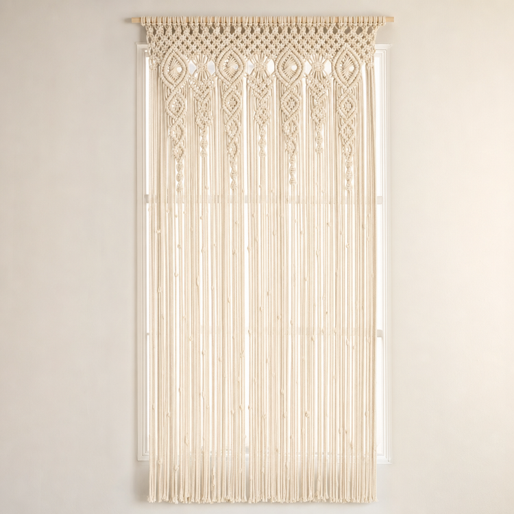 Cream macrame curtain panel with intricate woven patterns and long hanging fringe, hung on a wooden rod over a window against a light beige wall.