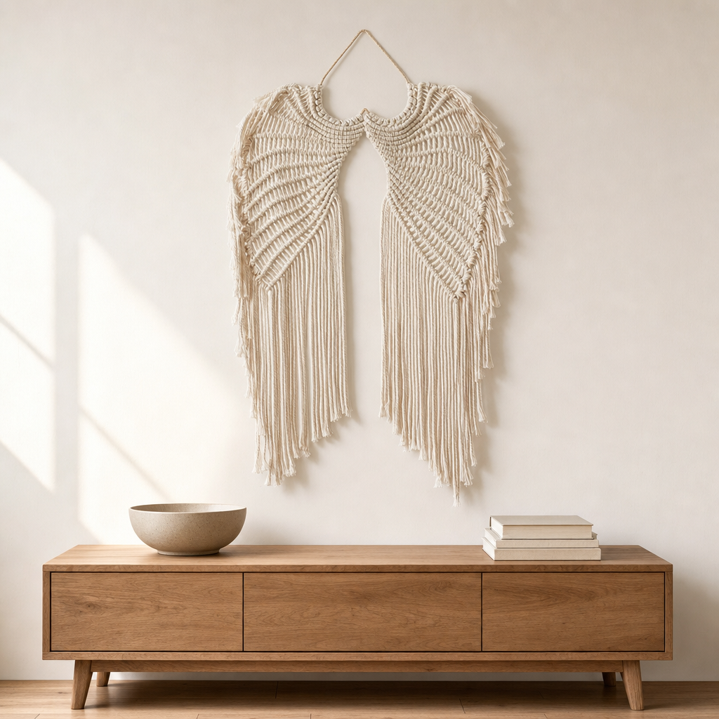 Macrame Angel Wings Wall Hanging, 68 x 44 cm hung on the wall above an oak sideboard