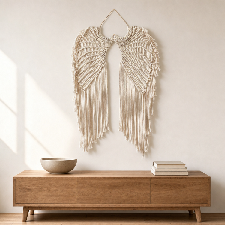A large cream macrame wall hanging shaped like angel wings with long fringe, displayed above a wooden console table in a bright, minimalist room.