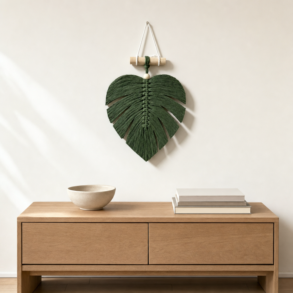 Macrame Monstera Leaf Wall Hanging, 25 cm, 4 Colors hung on the wall above an oak sideboard
