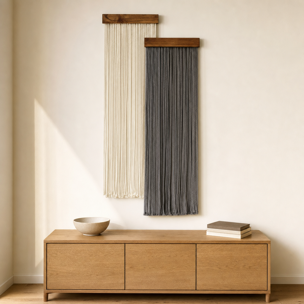 Dip Dyed Wall Hanging, Set of 2 Staggered Panels hung on the wall above an oak sideboard
