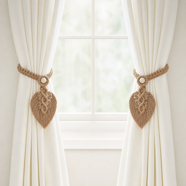 Two cream-colored curtain panels hanging on either side of a white window, each tied back with a woven jute rope tieback and a matching leaf-shaped decorative valance.