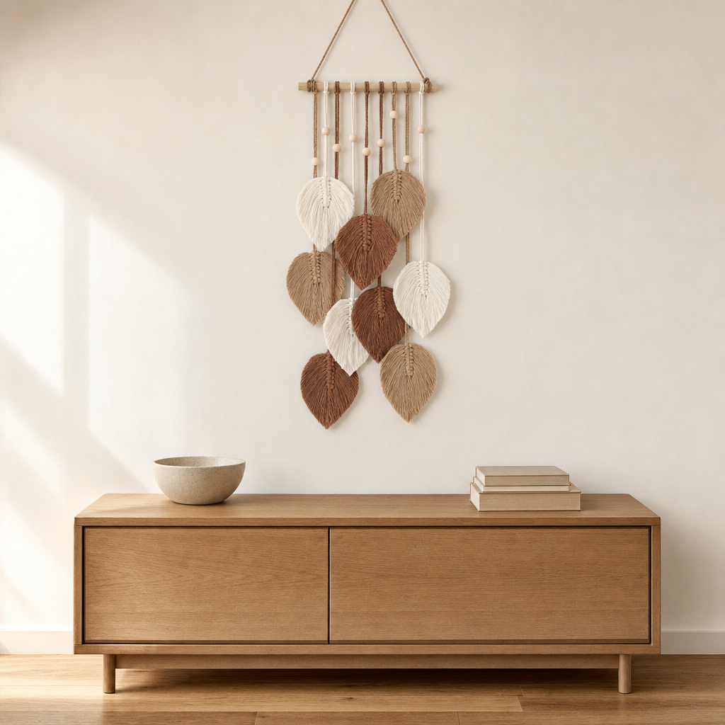 Macrame Leaf Wall Hanging, 25 x 60 cm, 2 Colors hung on the wall above an oak sideboard