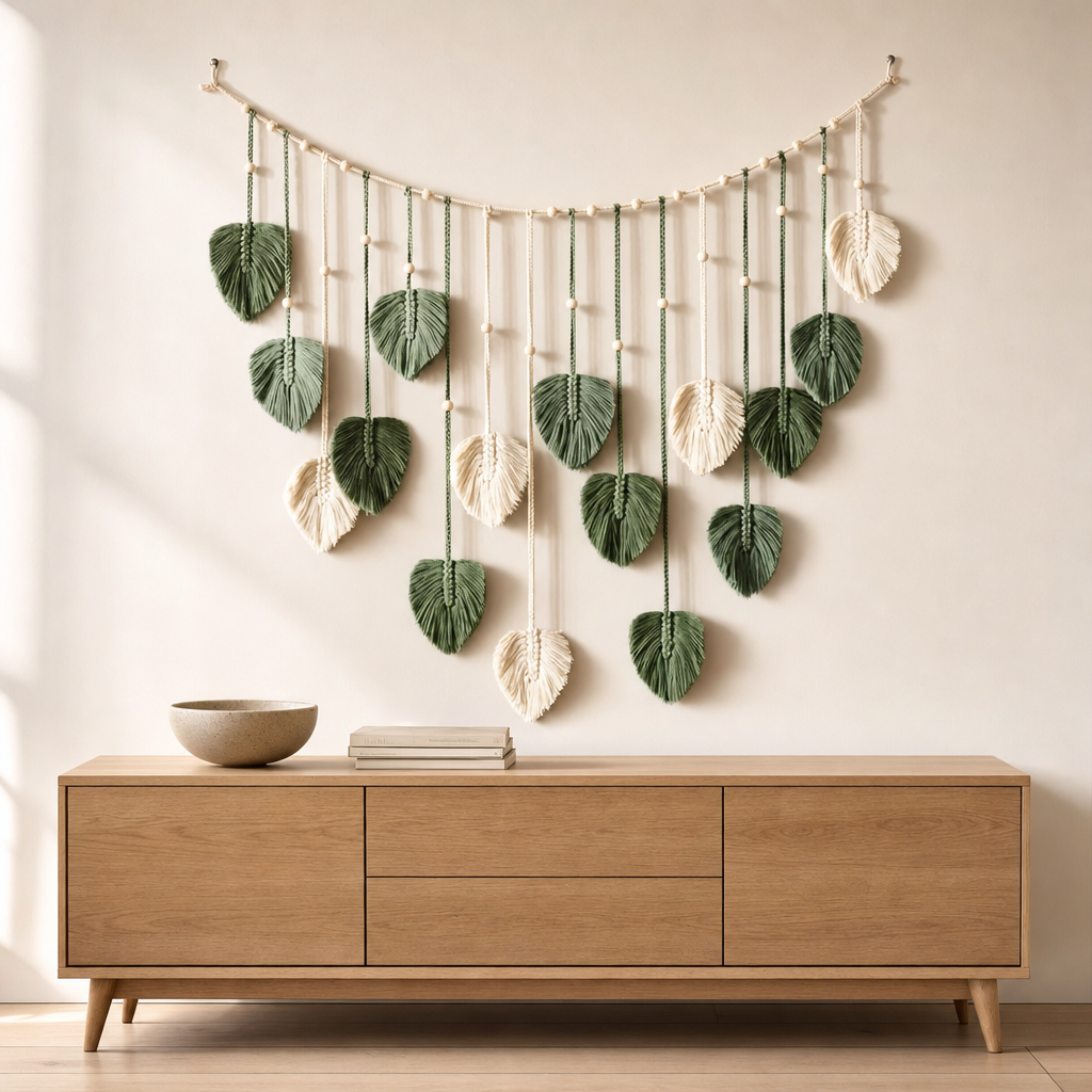 Woven Leaf Garland Wall Hanging, Green or Coffee hung on the wall above an oak sideboard