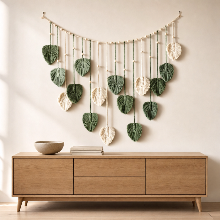 A macrame wall hanging with green and cream leaf-shaped beads suspended from a wooden rod, displayed on a beige wall above a light wood console table.