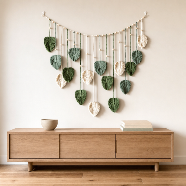 A boho-style woven leaf wall hanging in shades of green and cream, suspended from a wooden rod above a light wood console table against a warm beige wall.