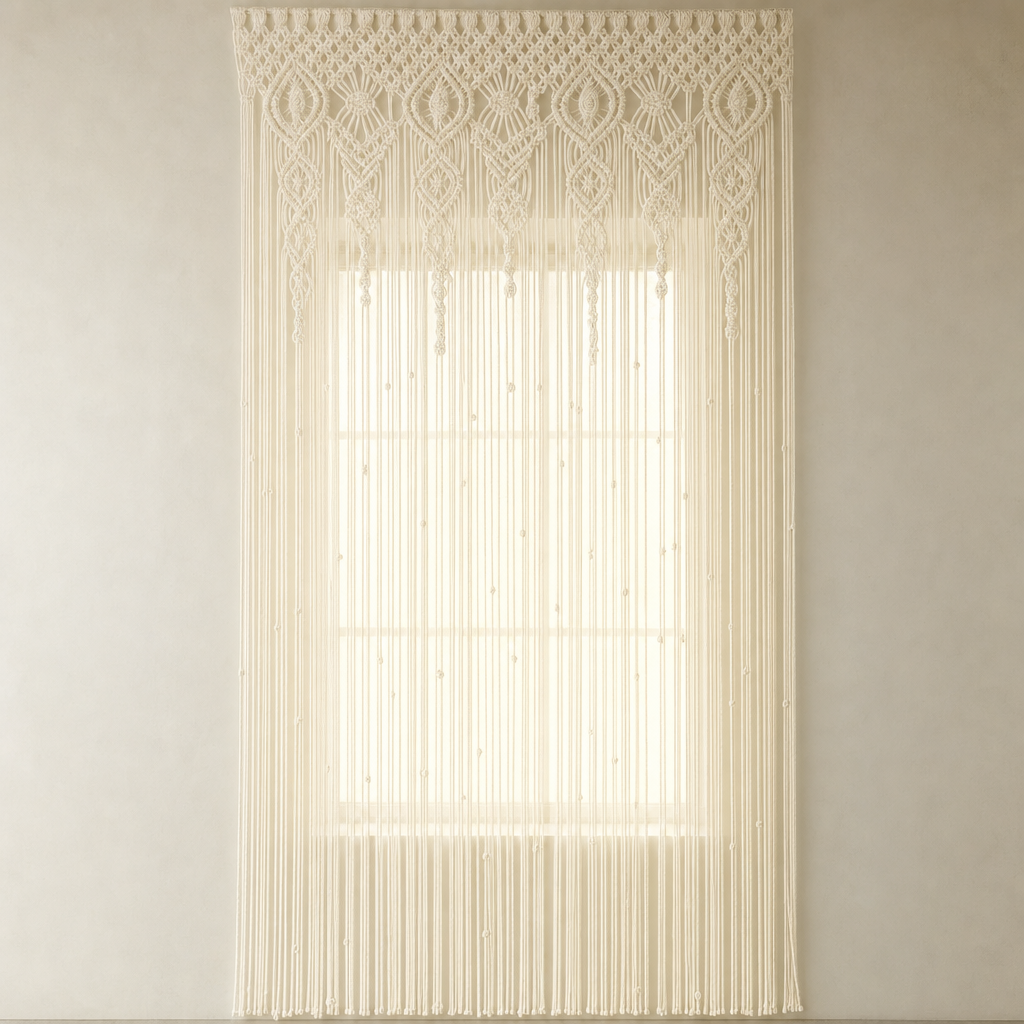 Macrame Door Curtain, 2 Patterns, 90 to 150 cm Wide hung across a window with daylight behind it