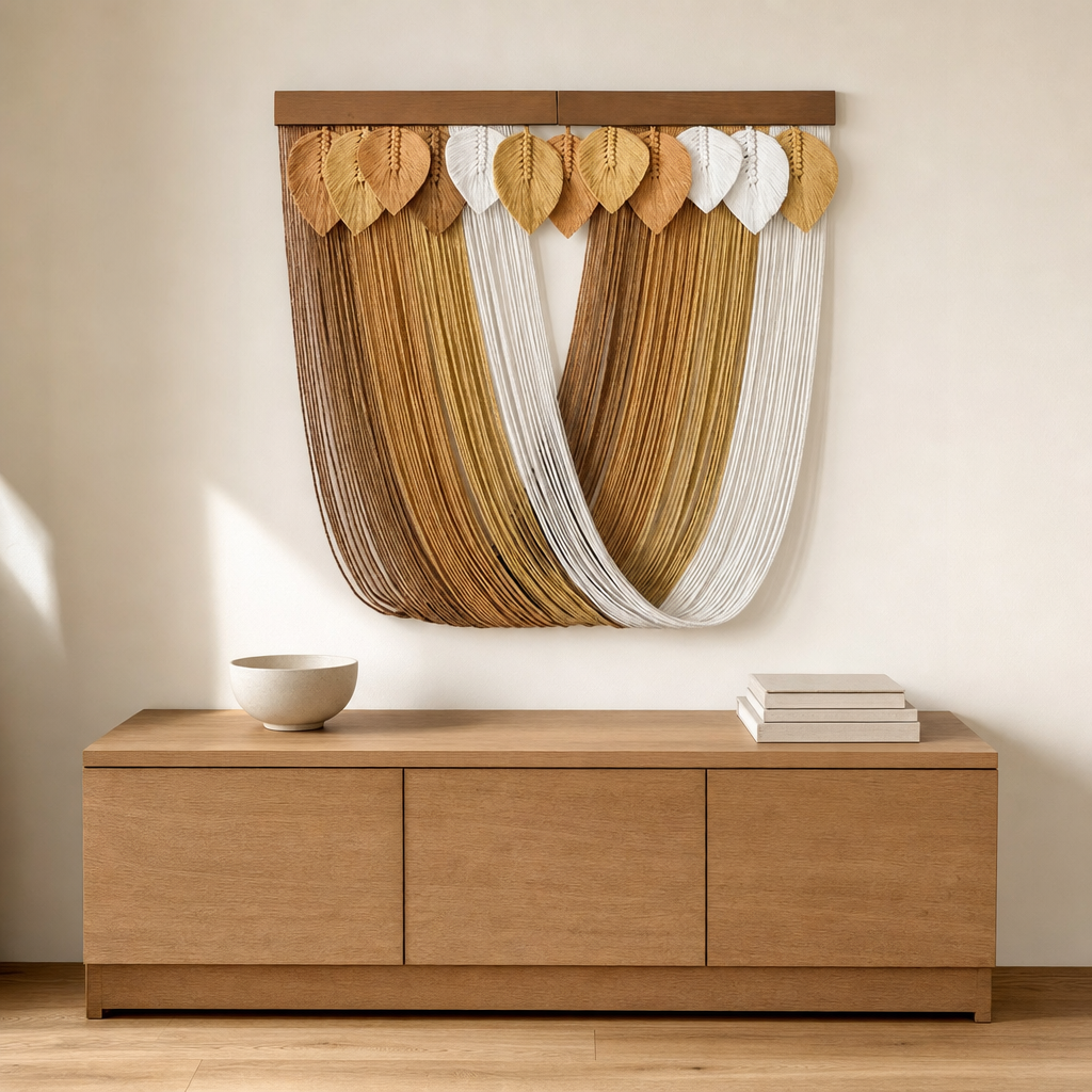 Gradient Macrame Wall Hanging, 7 Designs and 3 Sizes hung on the wall above an oak sideboard