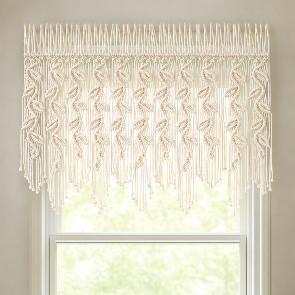 Macrame Leaf Valance, 110 x 55 cm, With or Without Rod hung across a window with daylight behind it