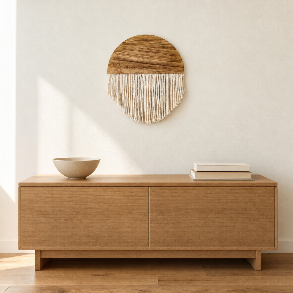 Arched Wood and Fringe Wall Hanging, 30 to 75 cm hung on the wall above an oak sideboard