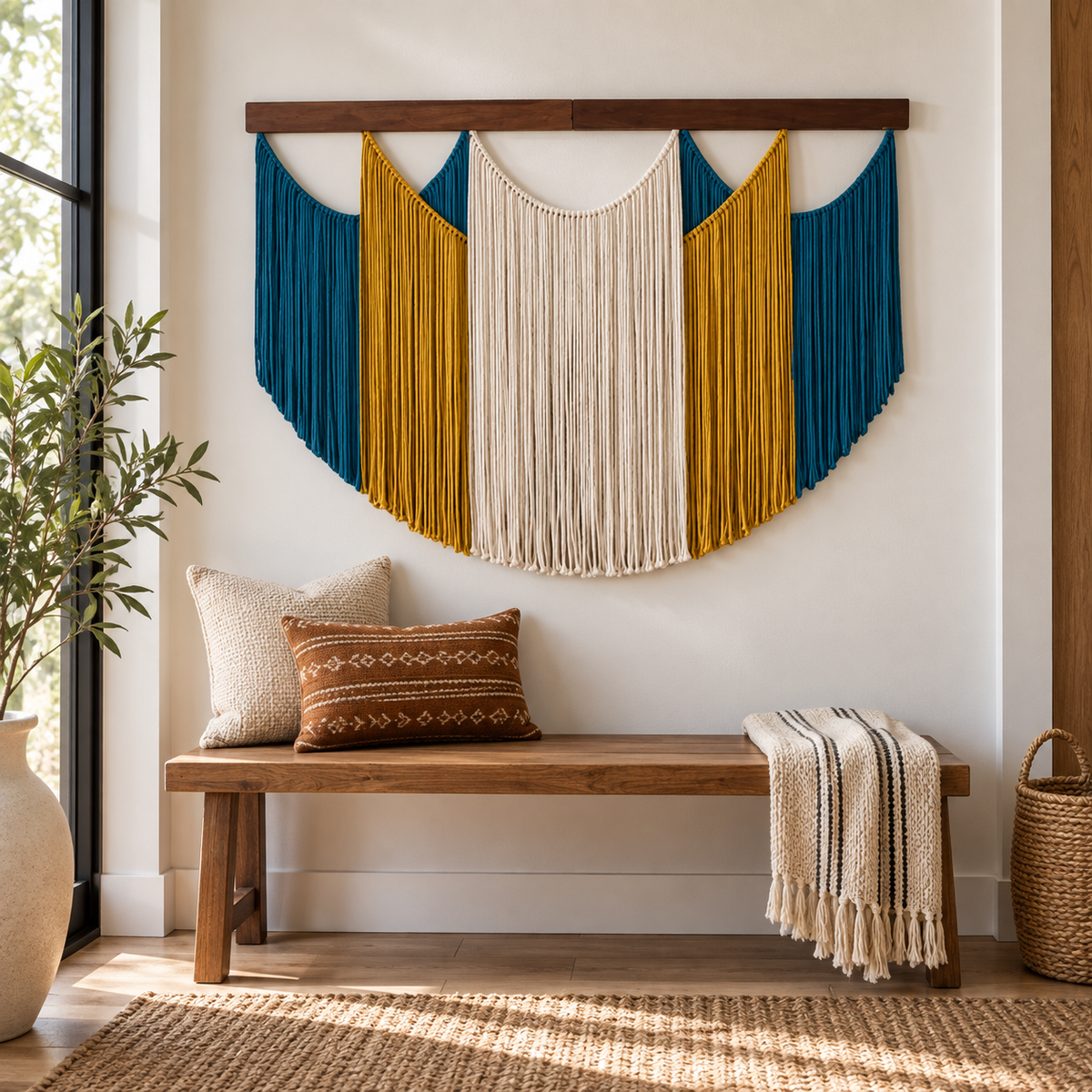 Entryway above a bench, 5 swag shapes across 16 colorways, fine twisted cord, pale wooden beads on the B series