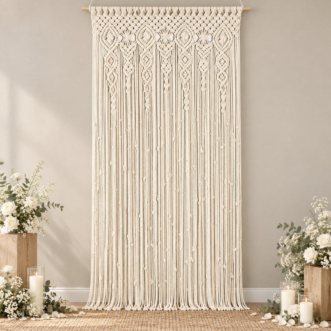 Wedding backdrop with candles and flowers, macrame door panel in 6 sizes