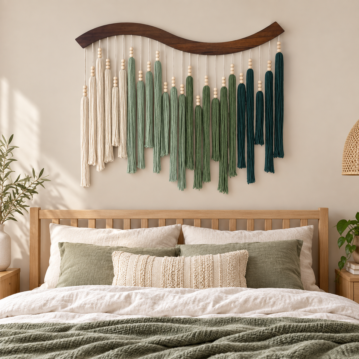 Bedroom above a headboard, beaded tassel wave pole, dark stained wave-cut wood pole, twisted cord tassels