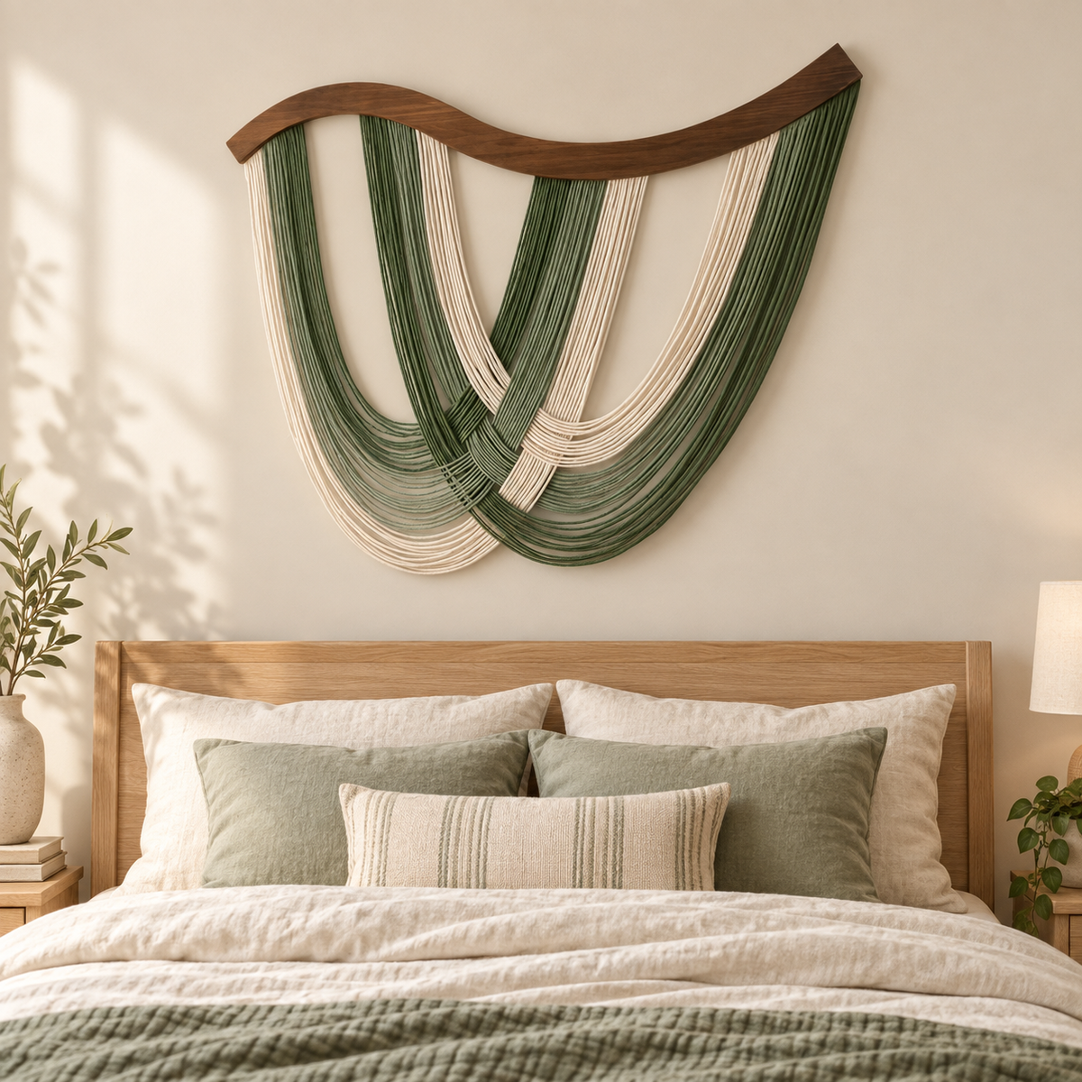 Bedroom above a headboard, wave cut wood arch with crossed green swags