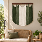 Balcony seating above a rattan bench, scalloped bands on dark wood