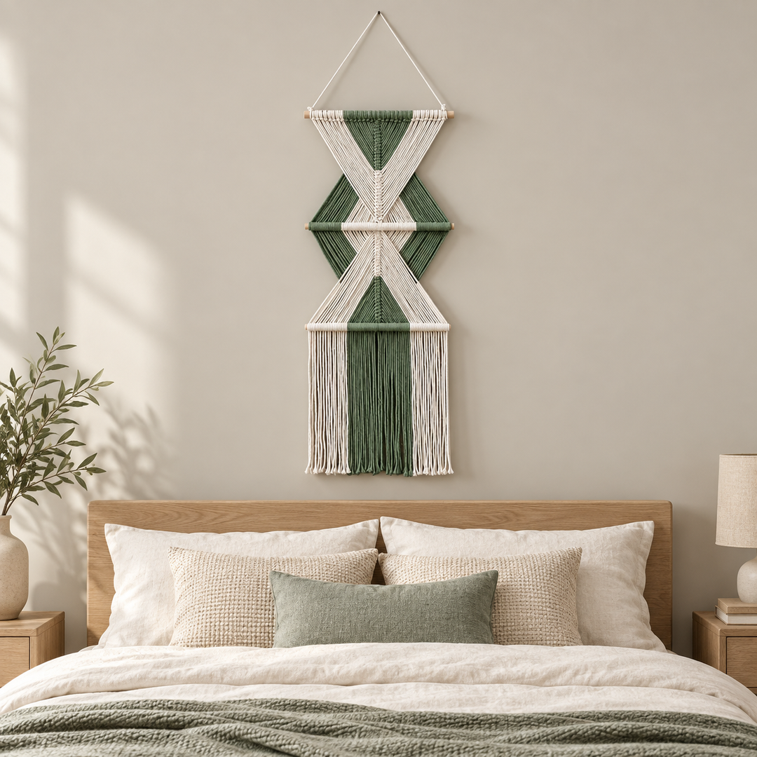 Bedroom above a headboard, stacked hourglass tiers, twisted cord, short pale dowels