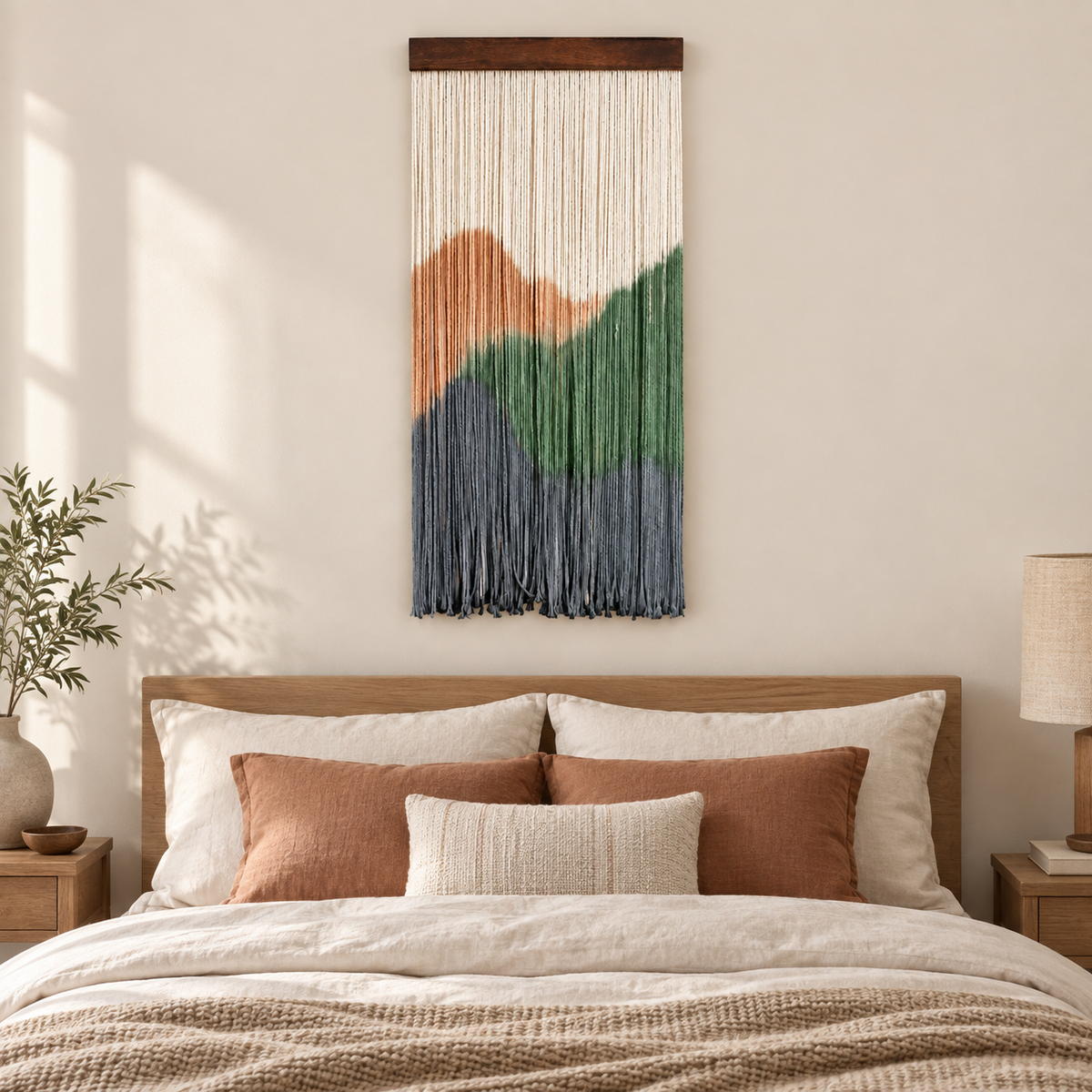 Dip dyed landscape wall hanging above a headboard with terracotta bedding