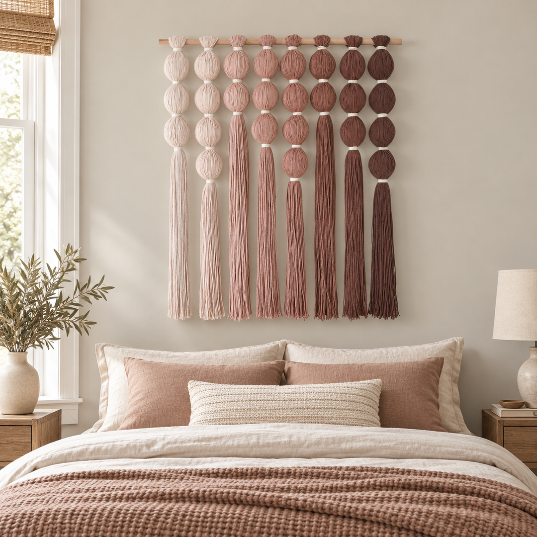 Bedroom above a dressed bed, wrapped sphere grid in blush, wrapped yarn spheres, white binding cord