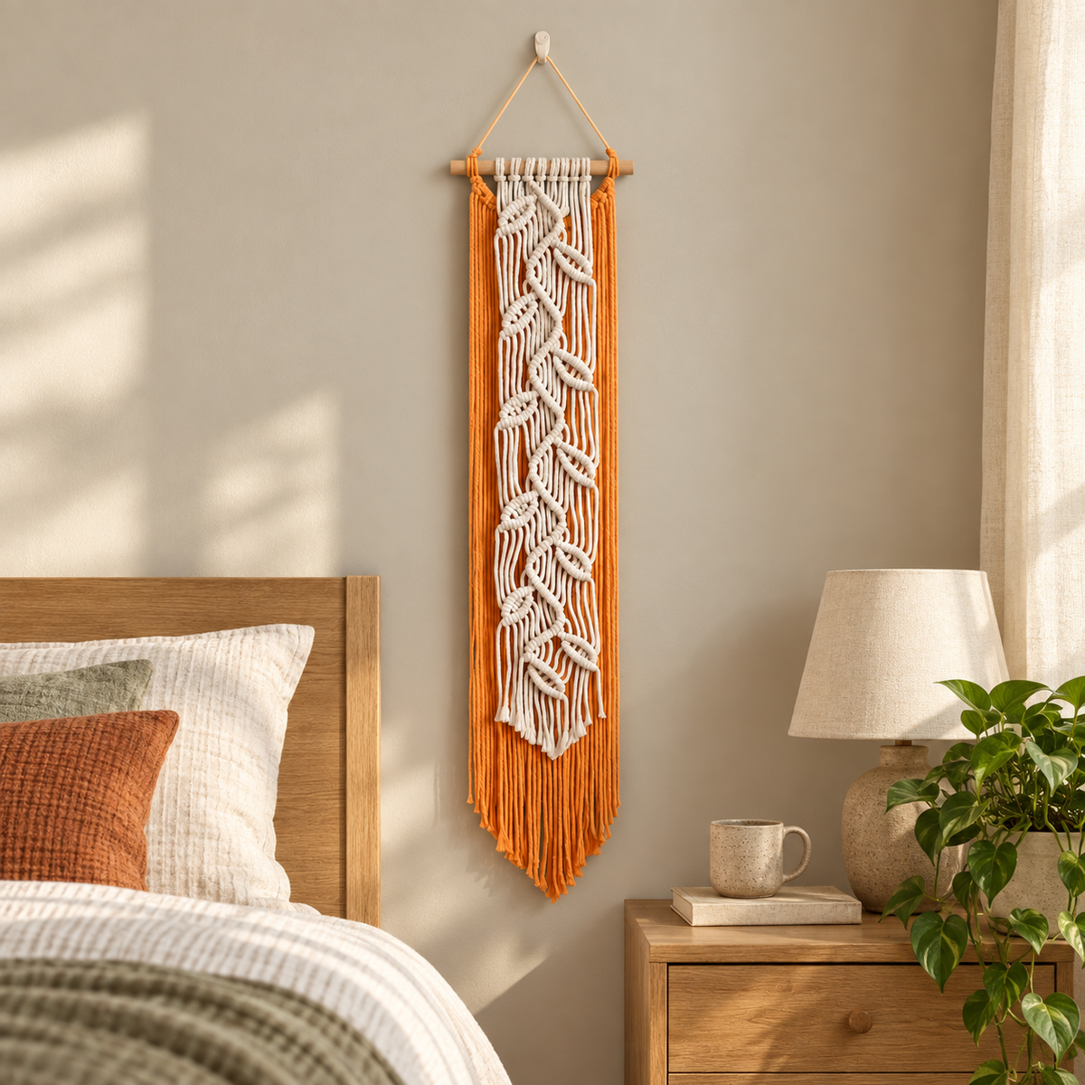 Cream and orange leaf banner beside a bed and a wooden bedside table