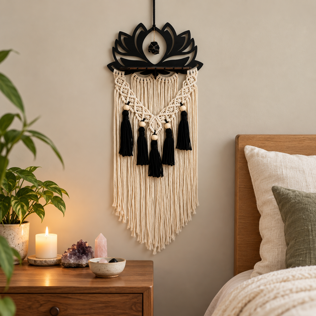 Lotus wall hanging above a bedside table with candles and small crystals