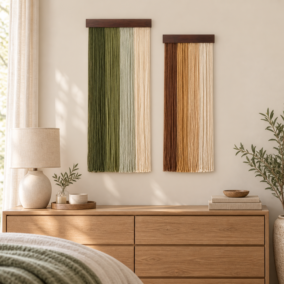 Two fringe panels at different heights above a wooden bedroom dresser