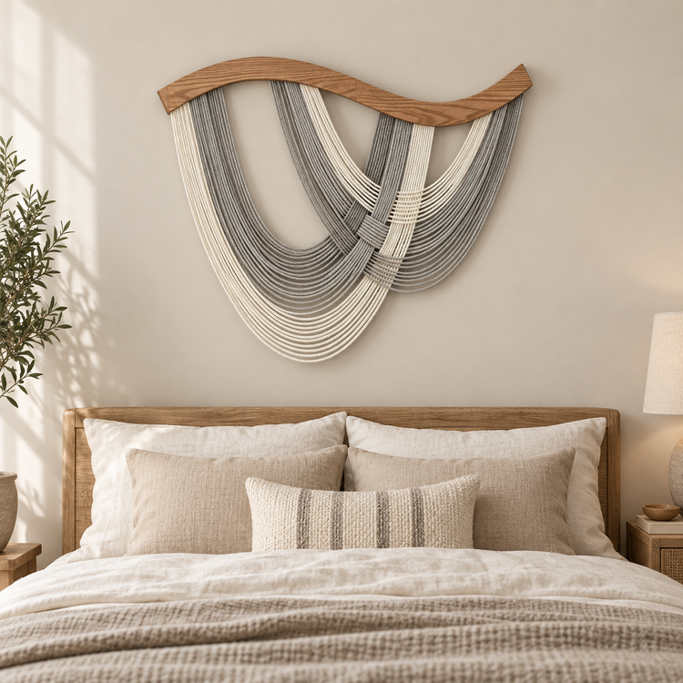 Rope Wave Wall Hanging on a Curved Wood Beam, 80 x 60 cm