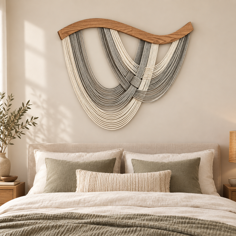 A modern wave-shaped wall hanging made of layered rope in gray, beige, and white, mounted above a bed in a softly lit bedroom.