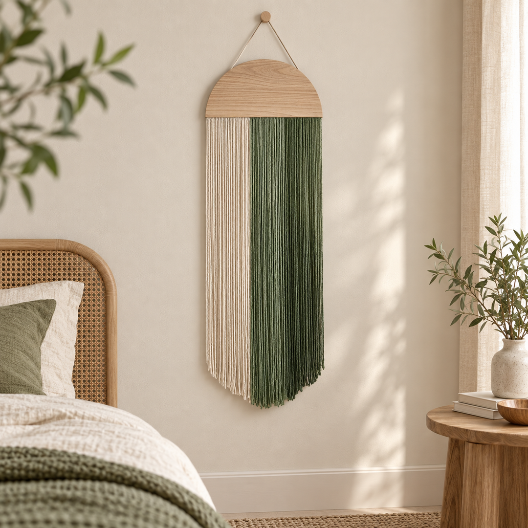 Creative tapestry, hand woven semi-circular wooden board, tassel tapestry, living room, homestay, wall hanging, wall decoration generated media