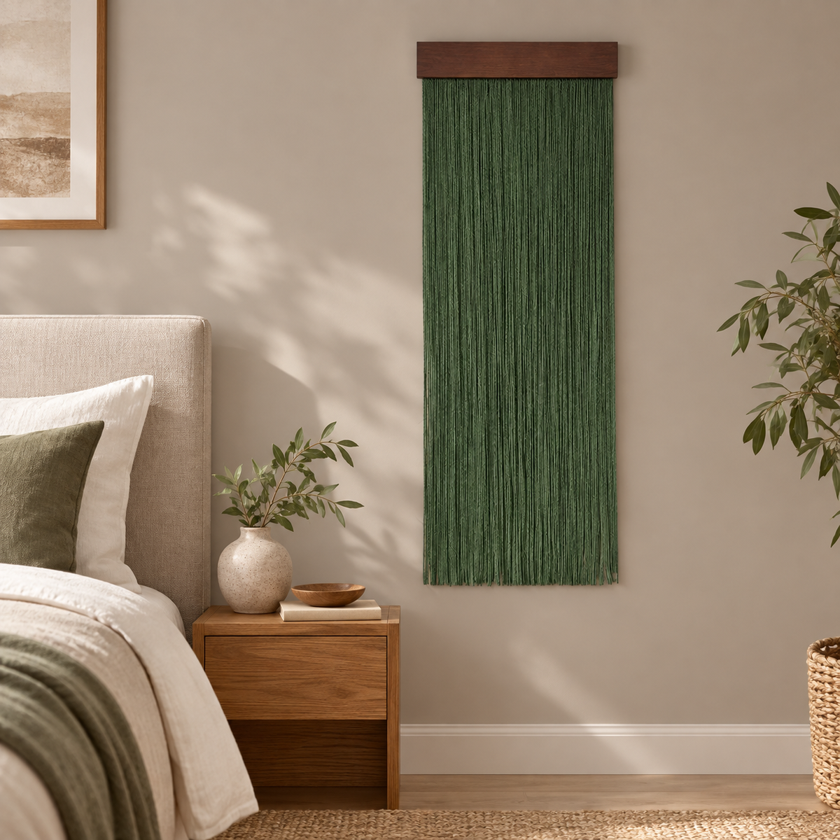 Fringe wall hanging on a bedroom wall beside a bed and wooden bedside table