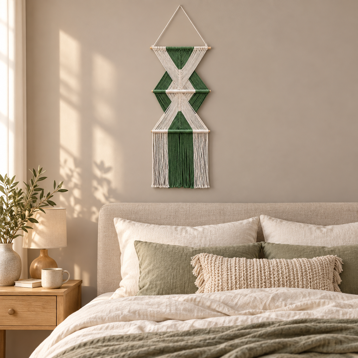 Narrow macrame wall hanging above an upholstered headboard in a sunlit bedroom