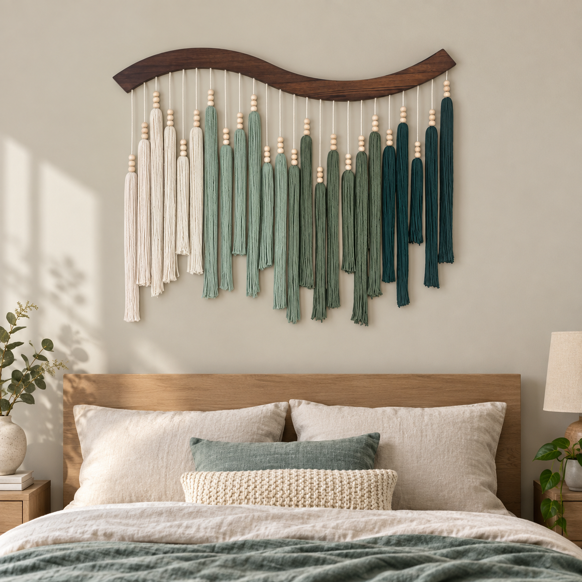 Bedroom above a wooden headboard, wave cut pole with graded beaded tassels