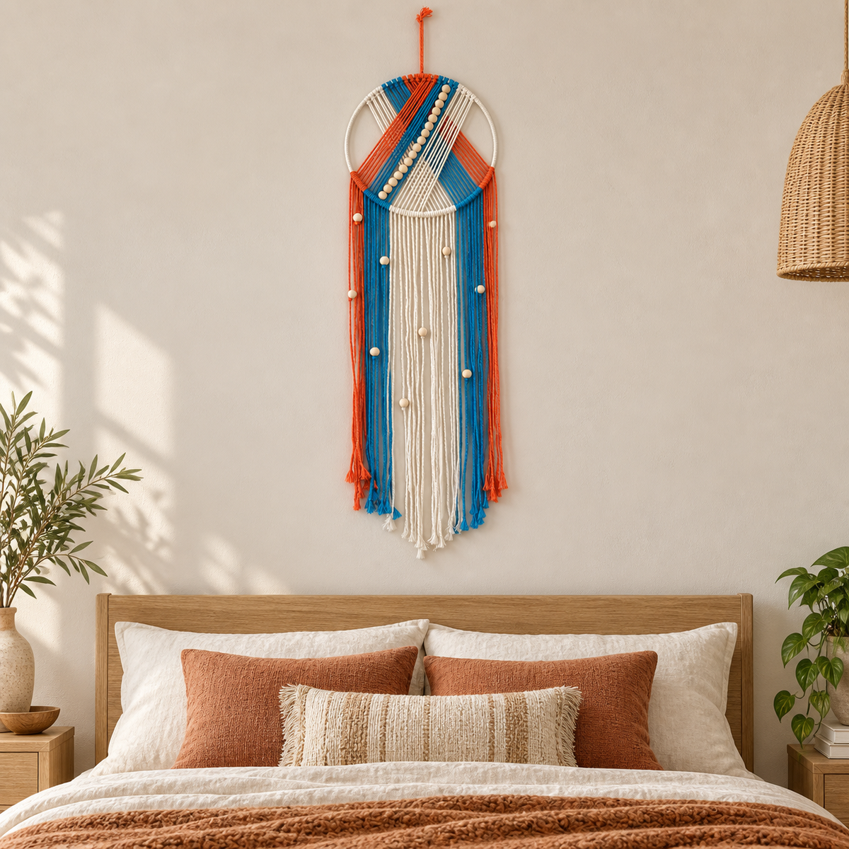 Bedroom beside a headboard, beaded hoop with chevron and fringe