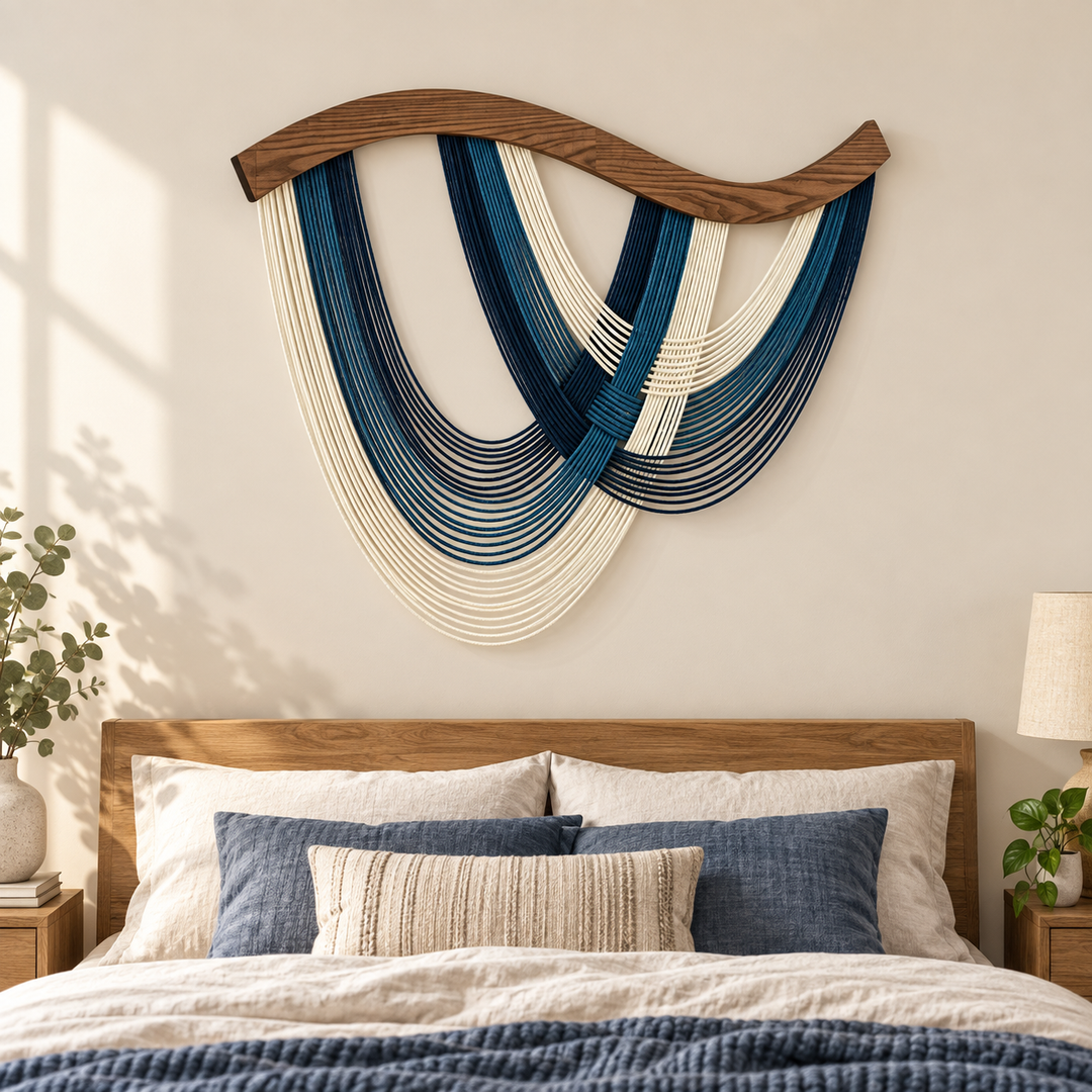 Bedroom above a wooden headboard, crossed swags on wood, twisted cord, dark stained wave-cut wood rod