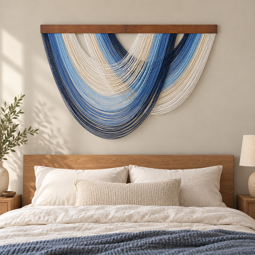 Bedroom above a wooden headboard, graded swag fan in four colorways
