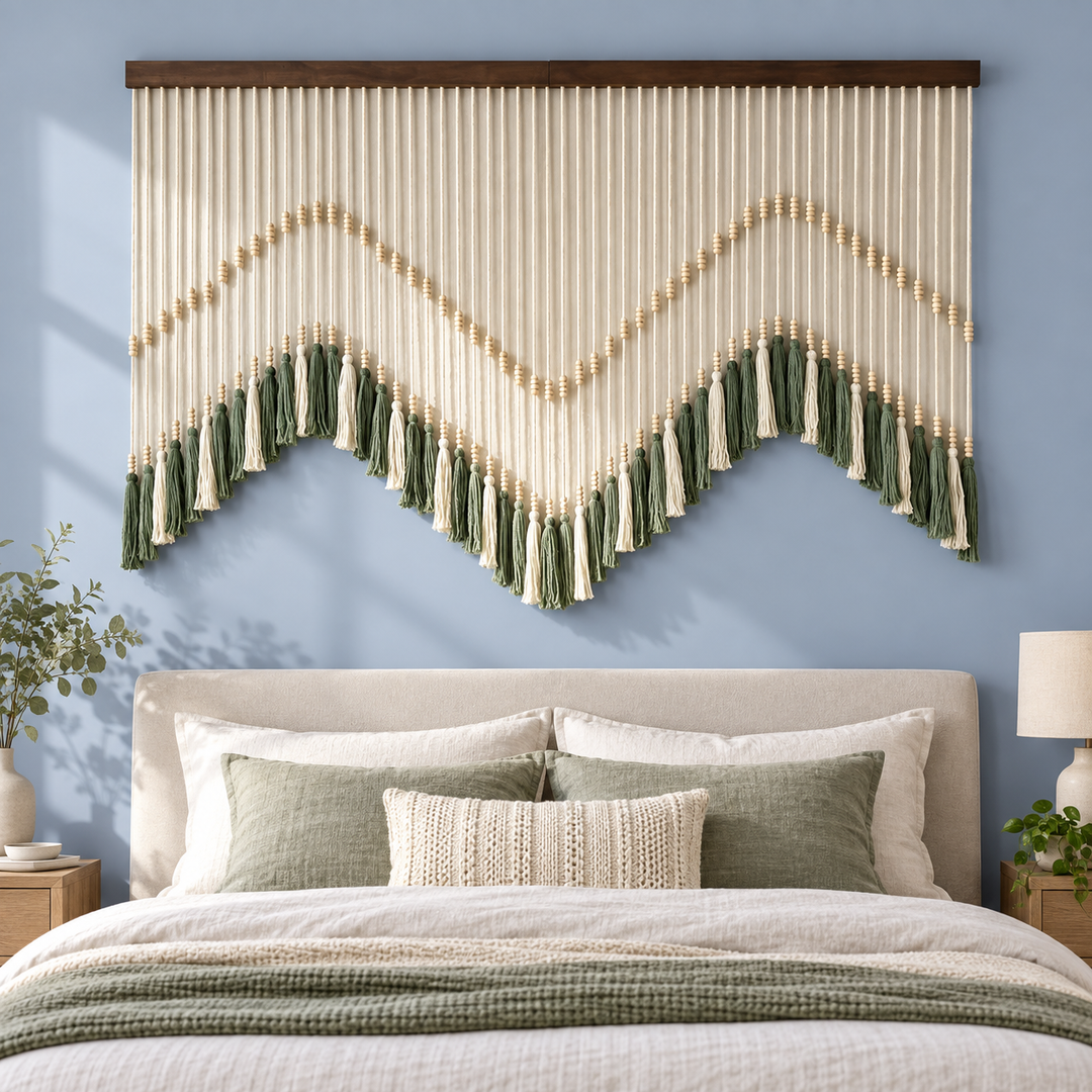 Bedroom above a headboard, zigzag bead and tassel curtain, twisted cord, round pale wooden beads