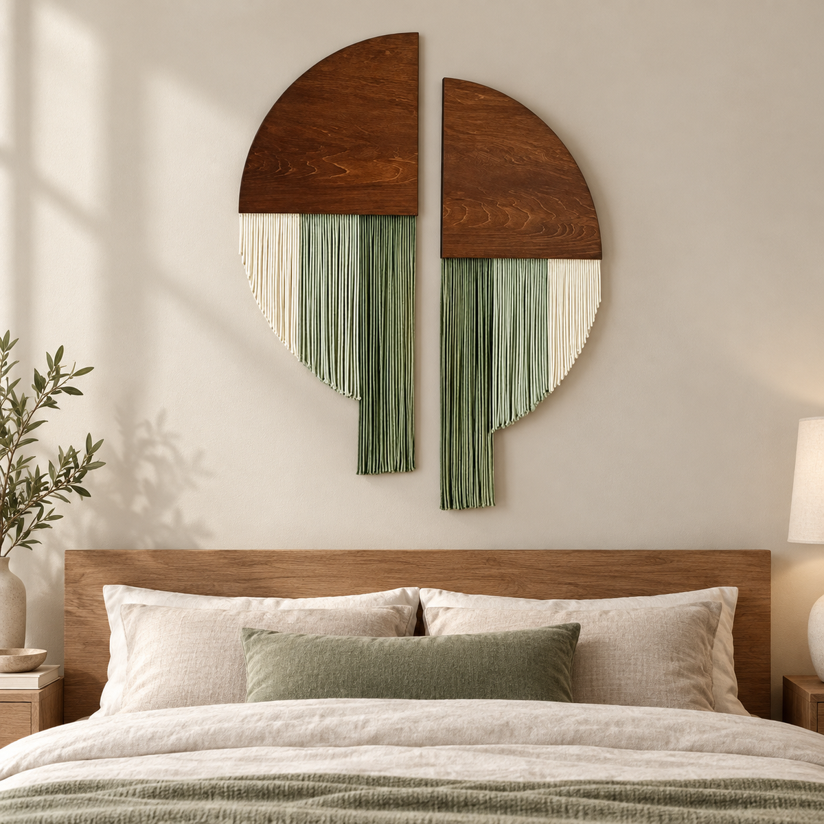 Bedroom above a wooden headboard, split circle set of 2 in wood and fringe