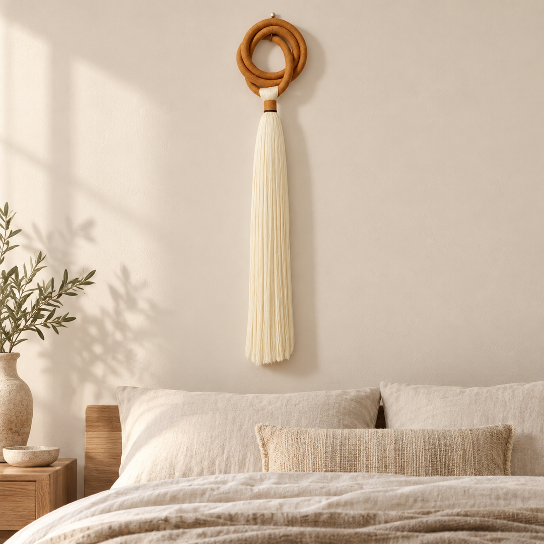 Bedroom above a nightstand, terracotta ring and long tassel, wrapped cord ring, fine combed cord tassel