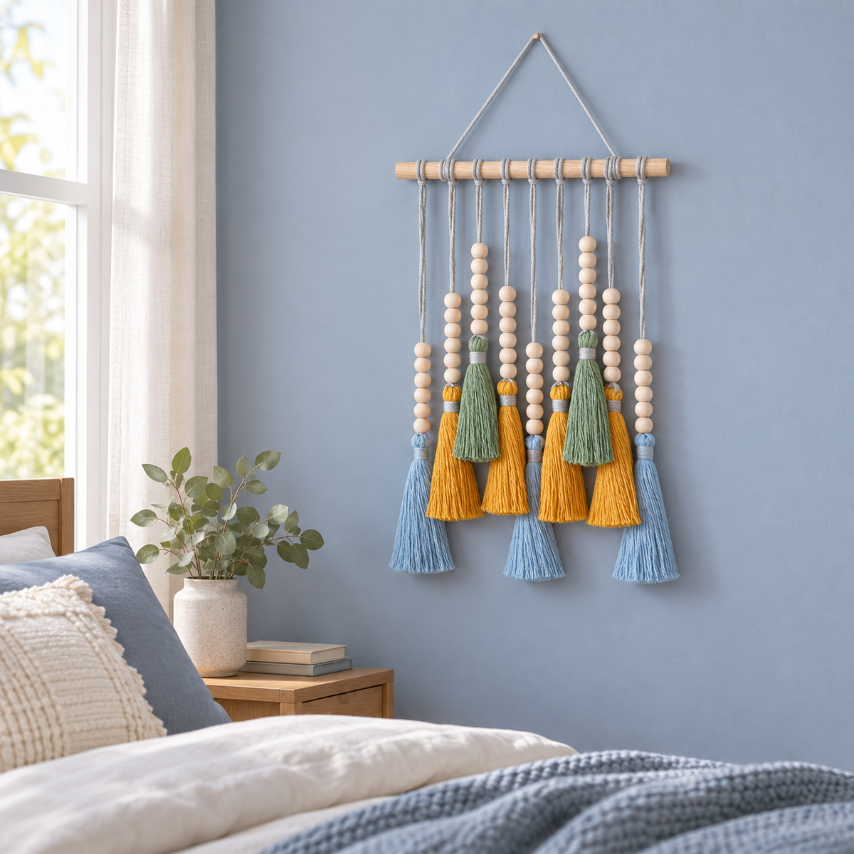 Bedroom window corner, small beaded tassel row on a dowel, fine cord tassels, large round pale wooden beads