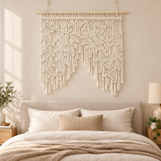Bedroom above a headboard, knotted leaf panel, twisted cord, pale wooden dowel