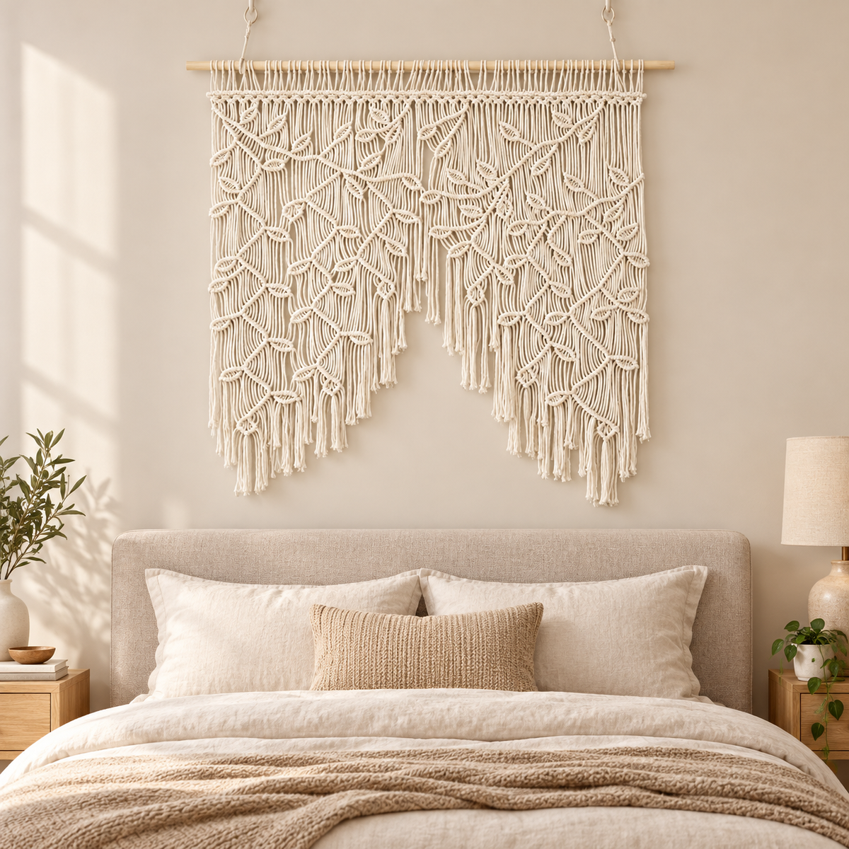 Bedroom above a headboard, knotted leaf panel, twisted cord, pale wooden dowel